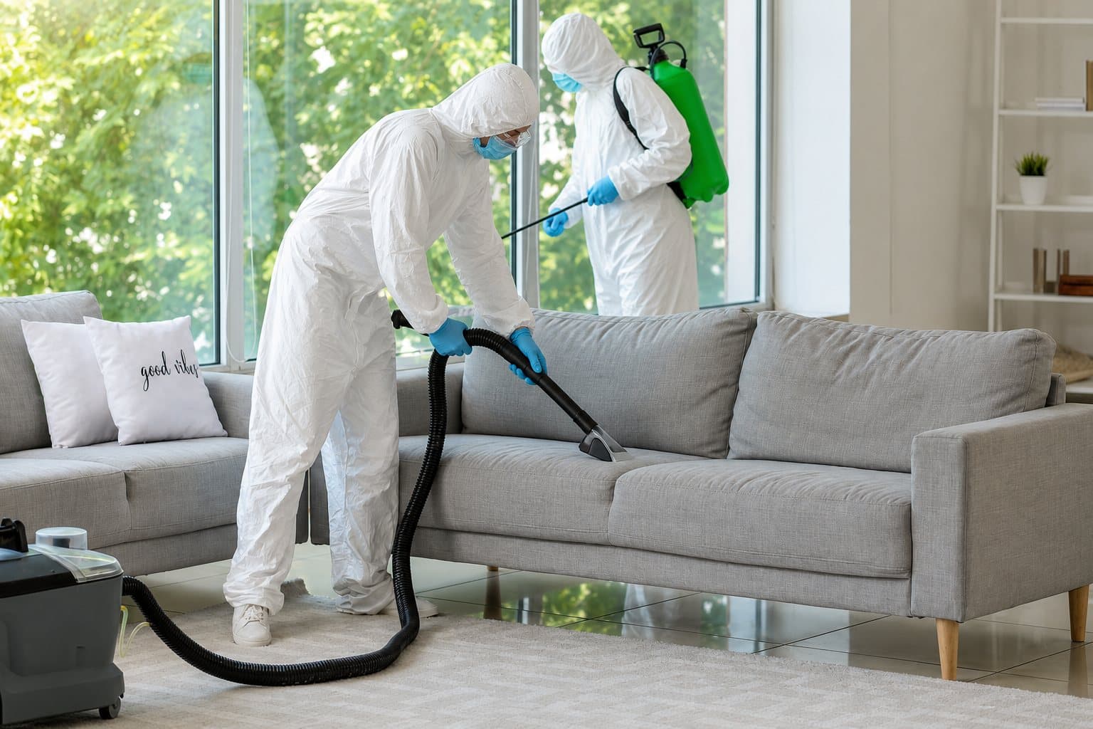 BioClear Pros technician in full PPE performing OSHA-compliant biohazard decontamination in Miami-Dade, Broward, and Palm Beach County