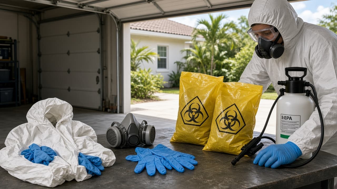 BioClear Pros OSHA biohazard PPE, respirator, and regulated waste bags ready for dispatch in Miami-Dade, Broward, Palm Beach, Lee, Collier, and Charlotte County