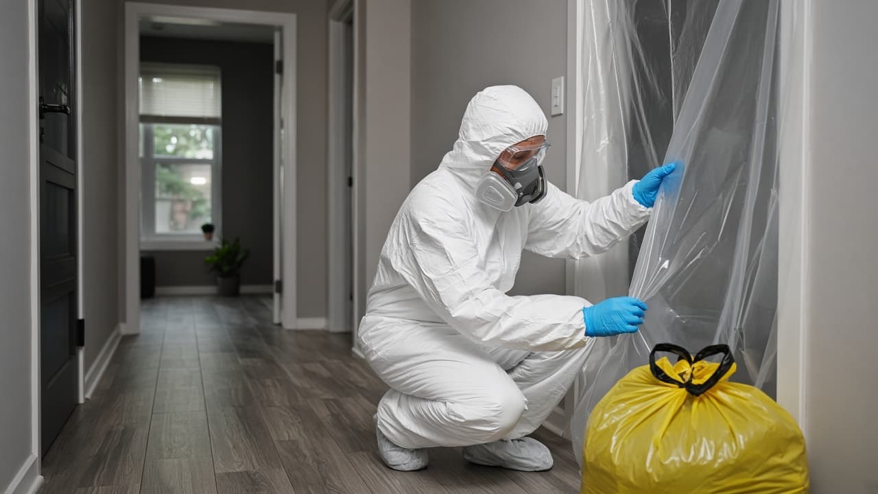 BioClear Pros crime scene cleanup technicians with containment and regulated waste bags in Miami-Dade, Broward, Palm Beach, Lee, Collier, and Charlotte County